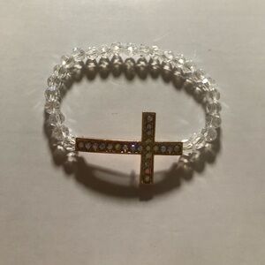 Elegant Gold and Clear Beaded Cross Bracelet
